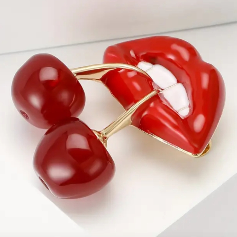 Red and Gold Cherry Lips Brooch NWT